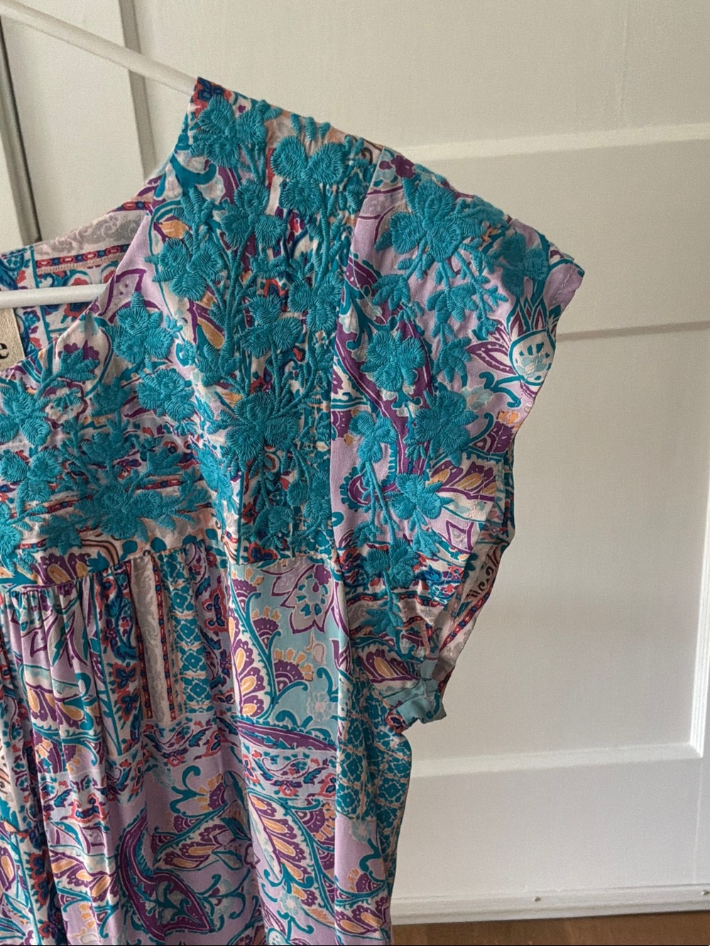 Savanna Jane Teal & Lavender Floral Embroidered Cap-Sleeve Blouse - Picture 4 of 7
